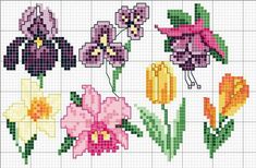 the cross stitch pattern shows different flowers