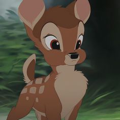 an animated deer with big eyes standing in the woods