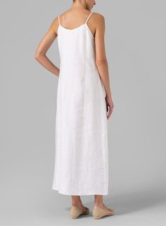 Linen Spaghetti Strap Long Dress  White White Linen Spaghetti Strap Dress For Spring, Elegant Linen Dress With Spaghetti Straps, Fitted Chic Linen Dress With Spaghetti Straps, Linen Slip Dress With Spaghetti Straps, White Fitted A-line Linen Dress, Long Dress White, Miss Me Outfits, Detailed Dress, Vivid Linen