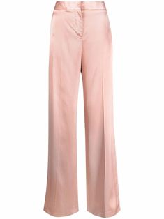 rose gold pink satin finish concealed front fastening two side inset pockets two rear welt pockets wide leg Pink Satin Trousers Outfit, Luxury Pink Elegant Pants, Luxury Pink Wide Leg Bottoms, Satin Trousers Outfit, Pink Satin Pants, Luxury Satin Trousers, Luxury Pink Trousers, Alexander Mcqueen Trousers, Evening Trousers