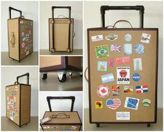 several pictures of luggage with different stickers on the front and back, including an open suitcase