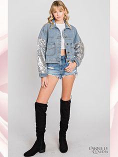 Brittney Sequins Detail Distressed Denim Jacket - UNIQUELY CLAUDIA Spring Party Casual Denim Jacket, Denim Party Outerwear, Winter Party Denim Jacket, Casual Denim Outerwear With Sequins, Fitted Denim Outerwear For Night Out, Denim Long Sleeve Jacket For Night Out, Denim Outerwear For Night Out In Fall, Denim Outerwear For Fall Party, Trendy Denim Outerwear For Night Out