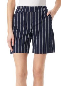 These flattering shape-effect shorts from Gloria Vanderbilt are designed with striped for added dimension. | Gloria Vanderbilt Women's Petite Shape Effect Shorts, 12P Fitted Vertical Stripes Shorts, Spring Striped Short-length Shorts, Gloria Vanderbilt, Petite Outfits, Cotton Spandex, Short Outfits, Clothes, Design