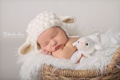 a newborn baby is sleeping in a basket with a stuffed animal on it's side