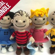 three crocheted dolls are standing next to each other with the words special bundle on them