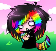 a drawing of a girl with rainbow hair eating a cupcake in the grass and smiling