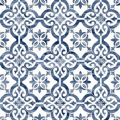 a blue and white tile pattern with an intricate design in the center, on a white background