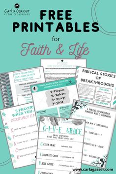 the free printables for faith and life are shown in front of a blue background