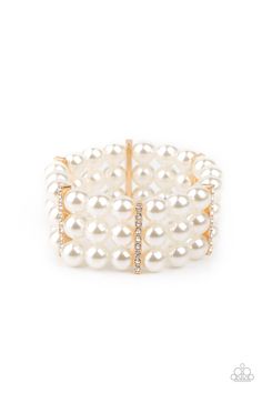 Held together by white rhinestone dotted gold fittings, row after row of bubbly white pearls are threaded along stretchy bands around the wrist for a timeless elegance. Live Text, Gold Pearl Bracelet, Paparazzi Accessories, White Rhinestone, Gold Rhinestone, Paparazzi Jewelry, White Beads, Boutique Jewelry, Gold Pearl