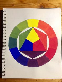 the color wheel is drawn on paper with colored pencils in front of it and an open notebook next to it