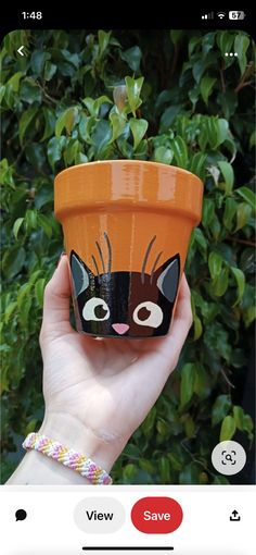 someone holding up a cup with a cat face painted on the side and an orange flower pot behind it