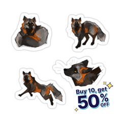 four stickers with an image of a fox on it's back and the words buy 10 get 50 % off