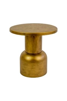 a small round table with a gold finish on the top and an open end section