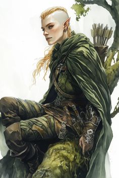 Taryn is striking. A figure with a uniform, tanned skin tone. Their keen auburn eyes are set beneath a bold, asymmetrical haircut, where one side is shaved close and the other tumbles in blonde locks. They wear a cloak of deep moss green, and a quiver of arrows, intricately stitched with silver inlays that glint with every movement. Elf Rogue Female Dnd, Dnd Waterdeep, Wood Elf Dnd, Female Dnd Character, Half Elf Ranger, Auburn Eyes, Quiver Of Arrows