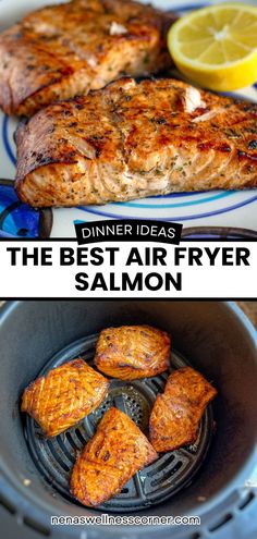 the best air fryer salmon fillets are on this plate with lemon wedges