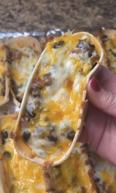 a hand holding a tortilla filled with cheese and black beans