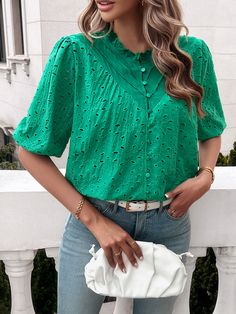 Unleash your inner fashionista with the Ventura Eyelet Short Sleeve Blouse. This stylish top features delicate eyelet detailing and a flattering short sleeve design that will elevate any outfit. Embrace your unique style with this must-have blouse! Size Guide: Model is 5’6” tall, and has a 33.2” bust, 26.4” waist, & 35.2” hips. She is wearing a S / US 4 / AU 8. This blouse is true to size. Material: 100% Polyester. Feature: Crew neckline. Short puff sleeves. Breathable lightweight fabrication. Not lined. Relaxed fit. Care Instructions: Machine wash / Cold hand wash Short Sleeve Design, Eyelet Shorts, Reindeer Headband, Stylish Top, Brown Leather Sandals, Daily Dress, Dress Jewelry, Green Blouse, Sleeve Designs