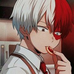 an anime character is brushing his teeth and looking at the camera while wearing a red tie