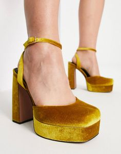 ASOS DESIGN Wide Fit Peaked platform high heeled shoes in mustard velvet | ASOS Velvet Trend, Platform High Heel Shoes, San Francisco Wedding, Wedding San Francisco, Drop Top, Platform High Heels, Velvet Fashion, Summer Inspiration, Summer Essentials