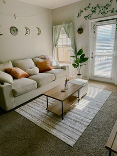 a living room with a couch, coffee table and plants on the wall above it