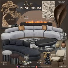 the living room is filled with furniture and decor items, including a large round couch