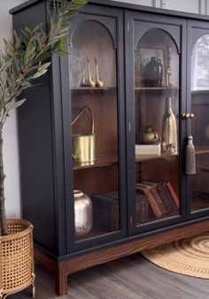 a black china cabinet with glass doors on the front and shelves above it, next to a potted plant