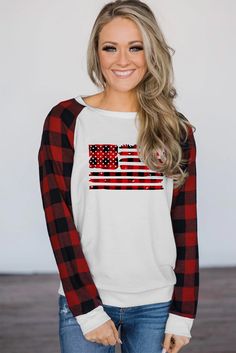 White Us Flag Plaid Print Color Block Crew Neck Top Valentine Truck, Patchwork Sweatshirt, Winter Sweatshirt, Raglan Shirts, Sweatshirts Online, Long Sleeve Sweatshirt, Crew Neck Top, White Sweatshirt, White Plaid