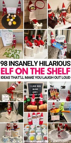 a collage of photos with the words elf on the shelf in red and white