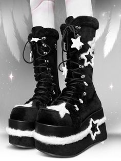 Black Harajuku Style Winter Boots, Punk Style Synthetic Winter Boots, Round Toe Platform Boots For Winter Concerts, Harajuku Style Black Platform Boots For Winter, Black Harajuku Style Platform Boots For Winter, Black Harajuku Platform Boots For Winter, Gothic Lace-up Winter Platform Boots, Winter Concert Platform Boots, Alternative High-top Synthetic Boots