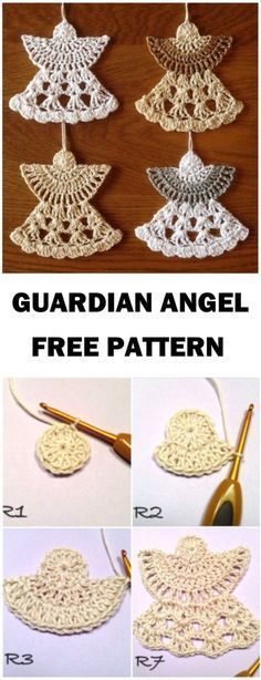 crocheted angel ornament is shown with instructions to make it