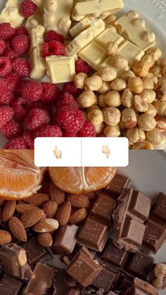 there are many different types of chocolates on the plate, including raspberries and almonds