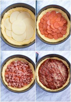 four pictures showing the steps to make pizza pies with cheese and pepperoni on top