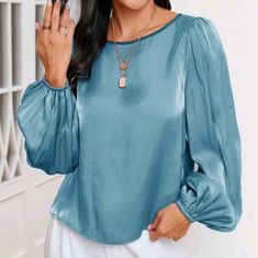 AA Collection | Tops | Luxe Satin Sheer Lantern Sleeve Satin Shirt Top Blouse | Poshmark Semi-formal Long Sleeve Satin Blouse, Blue Satin Long Sleeve Top, Casual Light Blue Blouse With 3/4 Sleeves, Elegant Light Blue Button-up Blouse, Blue Long Sleeve Non-stretch Blouse, Gown Prom, Business Formal Dress, Boho Bridesmaid, Spring Boho