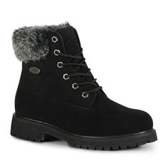 These women's Lugz Convoy boots deliver a sleek work-style complete with cushioned insoles for optimal performance.Watch the video to find out how to perfectly fit your boots.BOOT FEATURES Faux-fur trim Padded collar & tongue Durable lug sole BOOT CONSTRUCTION Synthetic upper Faux-fur lining Rubber outsole BOOT DETAILS Round toe Lace-up closure Cushioned insole 1-in. heel 5.5-in. shaft 12.5-in. circumference  Size: Medium (9). Color: Black. Gender: female. Age Group: adult. Pattern: Solid. M Lugz Boots, Faux Fur Fashion, Short Black Boots, Womens Black Booties, Lug Sole Boots, Faux Fur Boots, Women's Ankle Boots, Hiking Boots Women, Winter Ankle Boots