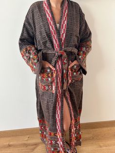 Yak wool robe Fits upto 2XL Bohemian Open Front Robe For Loungewear, Bohemian Open Front Loungewear Robe, Multicolor Wrap Robe For Loungewear, Bohemian Robe For Fall Loungewear, Bohemian Fall Robe For Loungewear, One-size Long Kimono For Loungewear, Long One-size Loungewear Kimono, One Size Long Kimono For Loungewear, Bohemian Long Sleeve Kimono For Loungewear