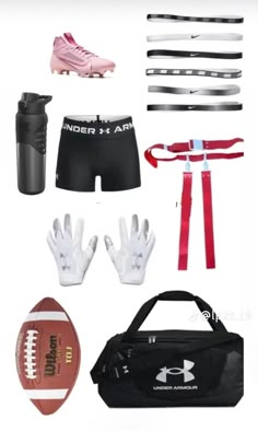 an assortment of sports gear including a football, gloves, and water bottle