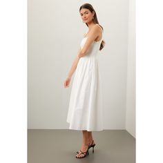 Off-white (67% Rayon, 26% Nylon, 7% Spandex). Casual dress. Sleeveless. Square neck. Side zipper closure. 48" from shoulder to hemline. Imported. White A-line Midi Dress With Fitted Bodice, Chic White Sleeveless Dress With Fitted Bodice, White Sleeveless Dress With Fitted Bodice, Midi Length, Fitted Sleeveless Midi Dress For Daywear, White Midi Dress With Fitted Bodice For Summer, White Midi Dress With Spaghetti Straps, White Fitted Lined Maxi Dress, White Sleeveless Dress For Dress Down Day, White Midi Dress With Fitted Bodice For Casual Wear