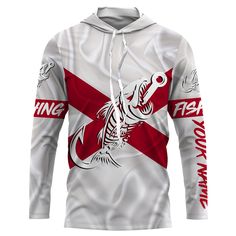 a white and red hoodie with a fish on it