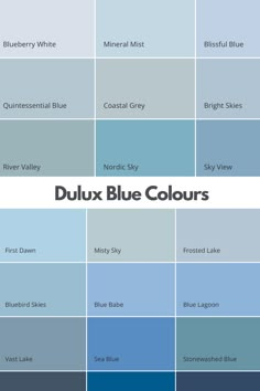 several shades of blue are shown with the words duluxx blue colours in them