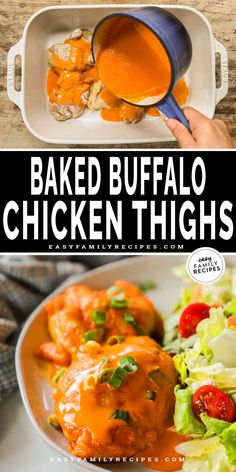 baked buffalo chicken thighs in a casserole dish with lettuce and tomato sauce