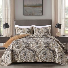 PRICES MAY VARY. Paisley Quilt Set: The brown quilt design is taken inspiration from vintage classic paisley patterns, redesigned it with elegant color matching, giving it a vintage yet stylish look. Soft and Comfortable: You will like the classic boho bedspread set that has an ultra soft feel and won't be stiff or fade. 3 piece queen size quilt set includes 1 Quilt 96''x90'' and 2 Pillowcases 20"x26". Multifunctional All Season Quilt: Combination of brown and camel paisley prints make the weste King Size Quilt Sets, Brown Quilt, Western Quilts, Queen Size Bedspread, Pattern Bedding, Paisley Quilt, Boho Quilt, Brown Paisley, Patterned Bedding