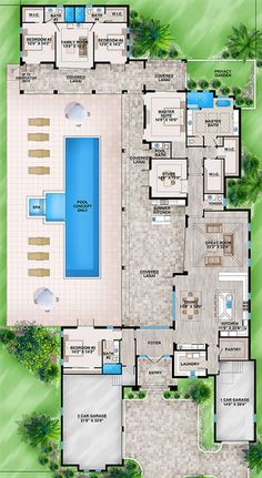 an aerial view of a house with a pool in the center and two pools on each side