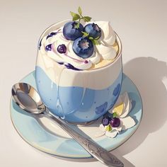 a blue and white dessert on a plate with a spoon next to it, topped with whipped cream and blueberries