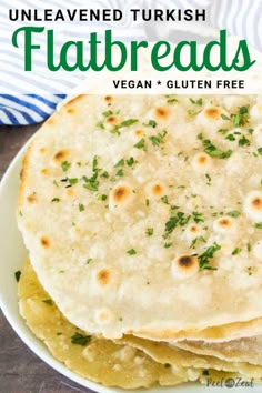 three flatbreads stacked on top of each other in a white plate with text overlay