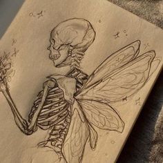 a drawing of a skeleton with a flower in it's hand and a butterfly on its arm