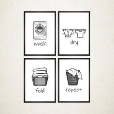 four black and white pictures with laundry symbols