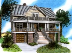 this is an artist's rendering of the front elevation of these beach house plans