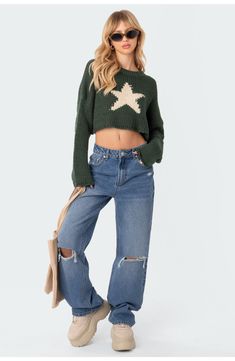 Boxy and cropped, this soft crewneck sweater highlights your star power with intarsia knitting. Crewneck Long sleeves 100% acrylic Hand wash, dry flat Imported Sweater Star, Intarsia Knitting, Mega Star, Star Sweater, Fall Clothes, Lingerie Dress, Crop Sweater, Cozy Knit, Star Design