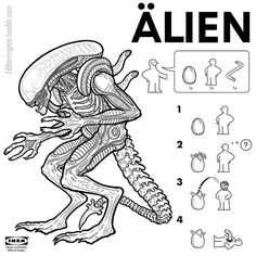 an alien is shown with instructions to draw it and then color in the pictures below