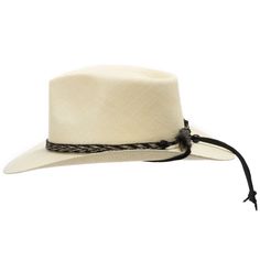 The Rio Grande is an American hybrid between a teardrop crown fedora and the brim and stiffness of a western cowboy hat. Features a sweat-resistant band on the inside and a handcrafted leather and horsehair band on the exterior. The chin strap can be worn functionally or placed above the brim as an extension of the hatband. This item is a genuine Panama Hat handwoven in Ecuador. Imported Material: 100% Toquilla StrawBrim: 3" fixedCrown: 4 1/8" teardropHatband: 5/8" horsetailClimate: Sun Handwove Adjustable Brimmed Panama Hat For Rodeo, Adjustable Brimmed Panama Hat For Ranch, Fur Felt Hat Bands For Rodeo And Kentucky Derby, Adjustable Fur Felt Panama Hat With Short Brim, Adjustable Short Brim Panama Hat For Ranch, Adjustable Western Panama Hat For Western-themed Events, Adjustable Western Panama Hat With Curved Brim, Western Panama Hat With Adjustable Curved Brim, Curved Brim Fur Felt Fedora For Ranch